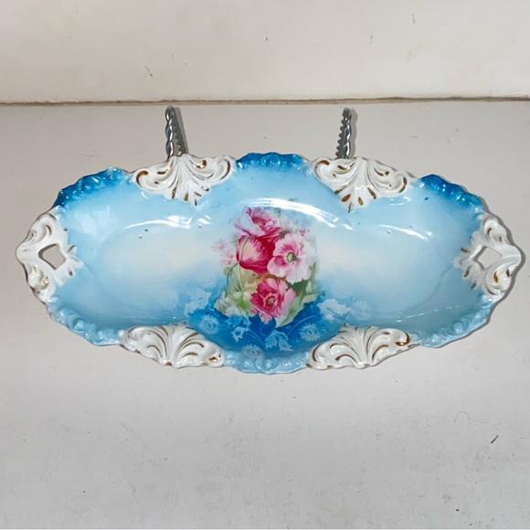 Antique RS Prussia Relish Tray Blue Interior Hand Painted Roses Gold Accents